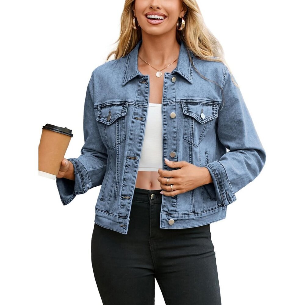 Women's Jean Jacket Long Sleeve Denim Jackets Button Down With Pockets Blue